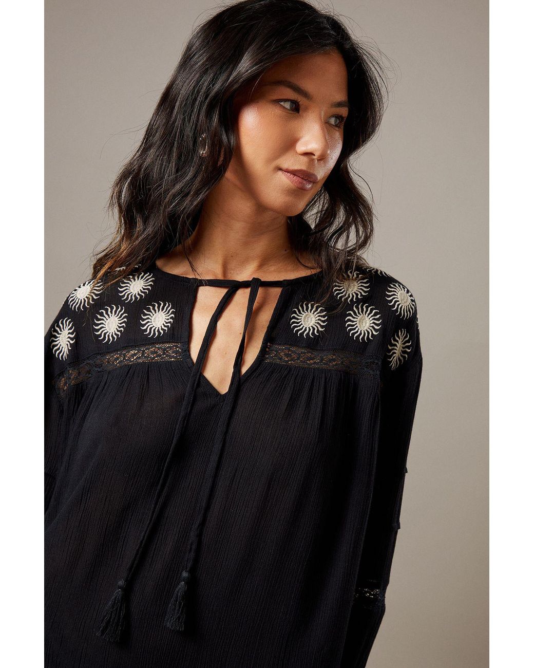 Warehouse Black Cheesecloth Embroidered Trim Insert Midi Smock Dress