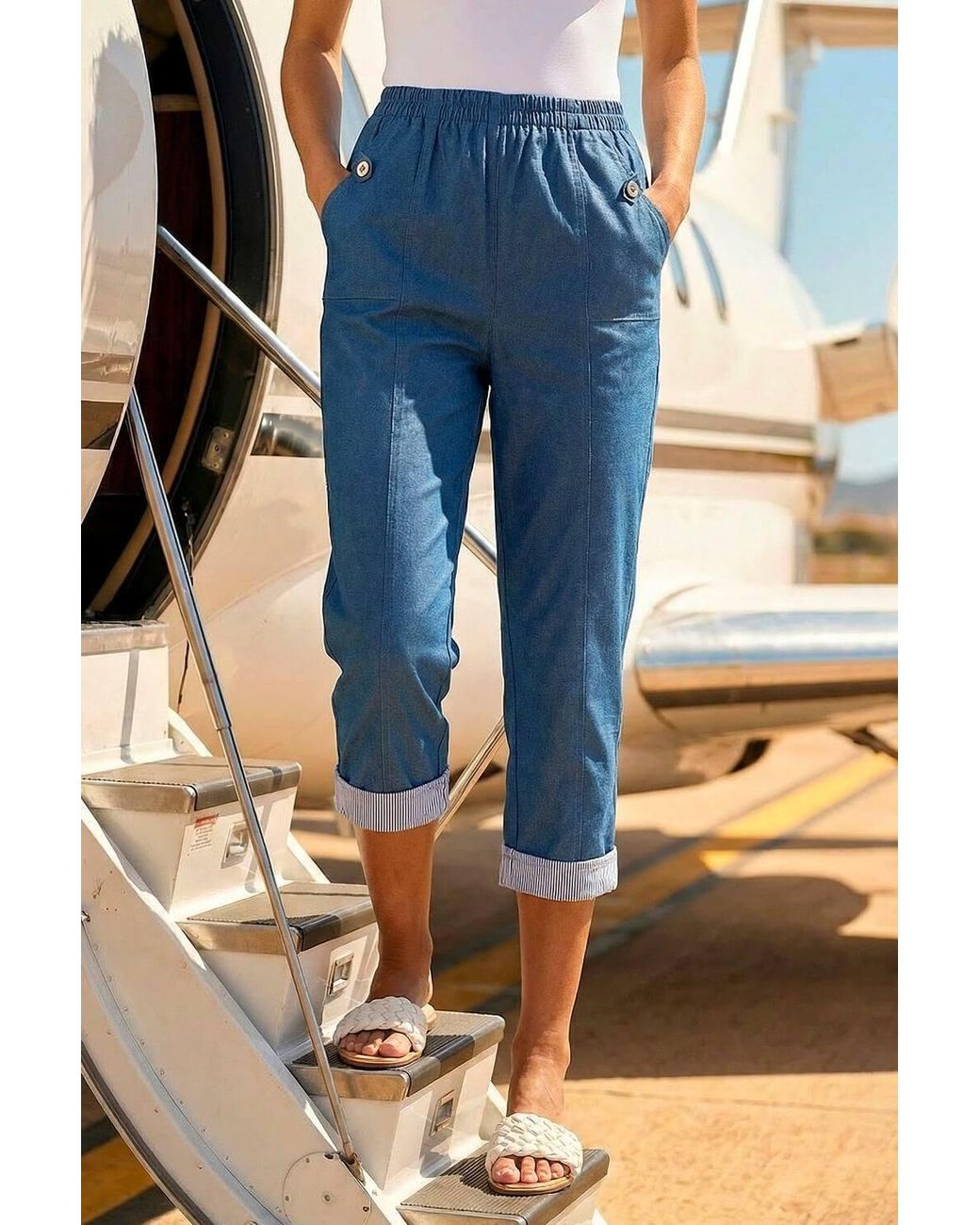 Roman Blue Contrast Detail Cropped Stretch Trousers