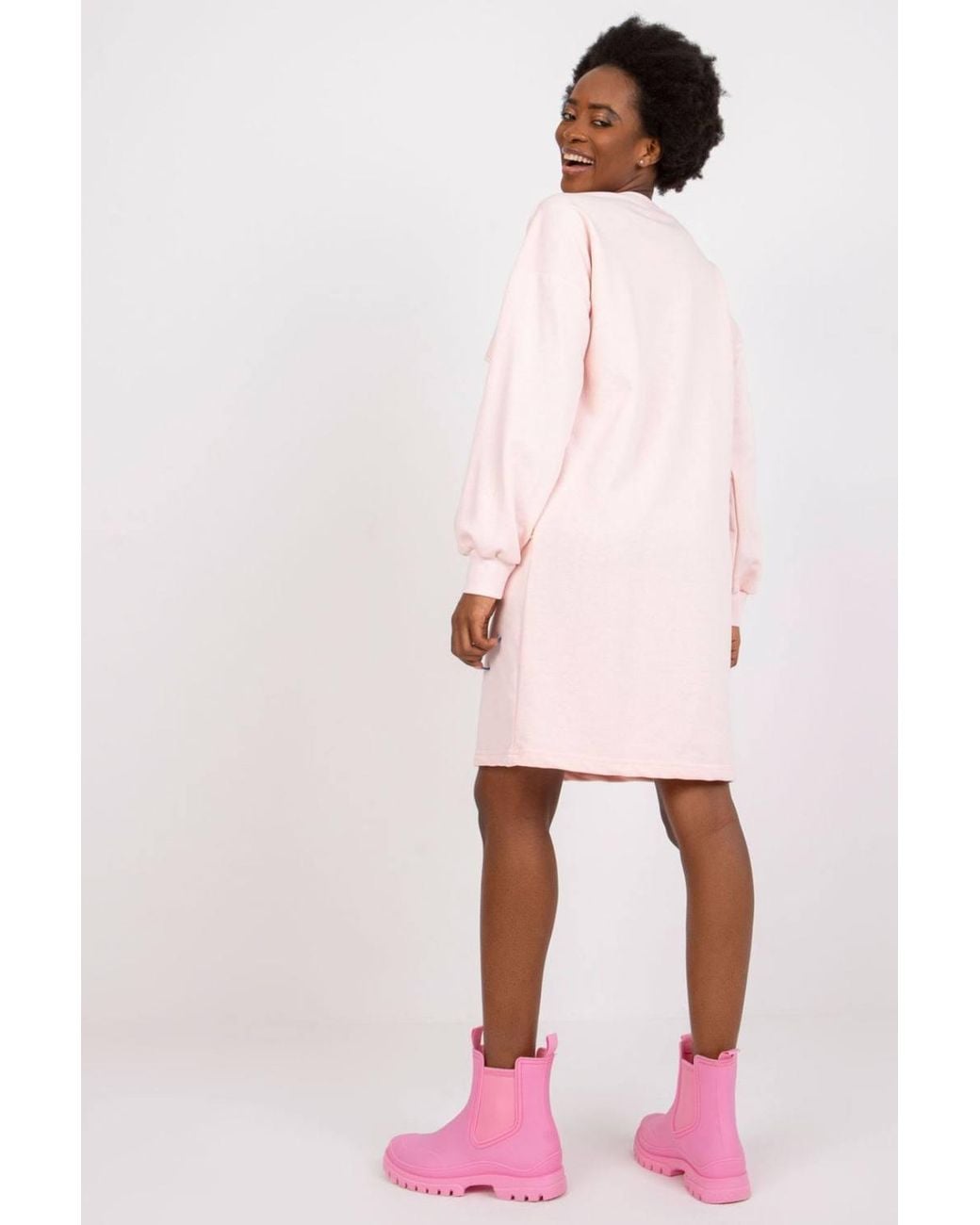 Love Lace Pink Long Sleeve Loose Fit Dress With Front Pockets