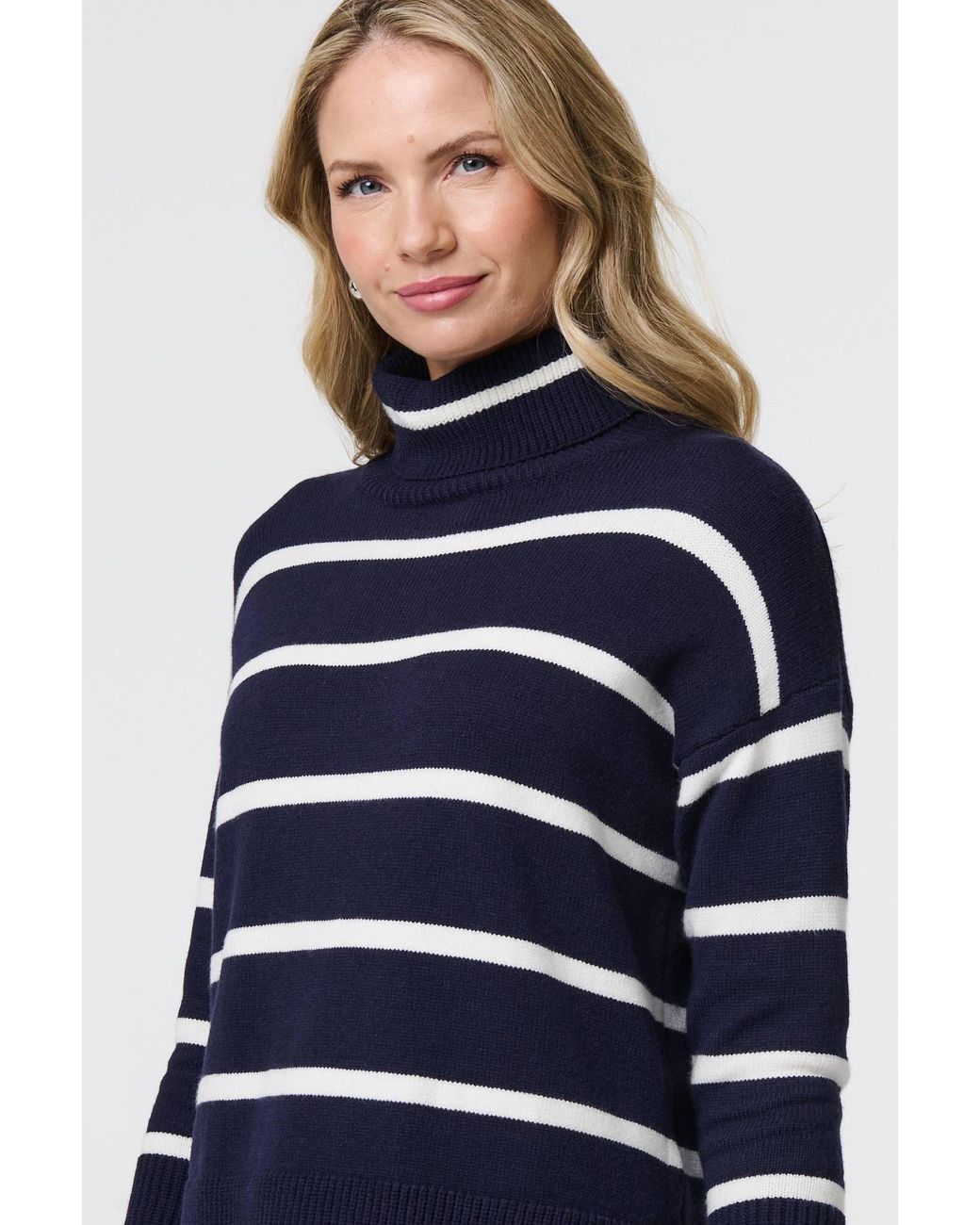 Izabel London Blue Striped Roll Neck Relaxed Jumper