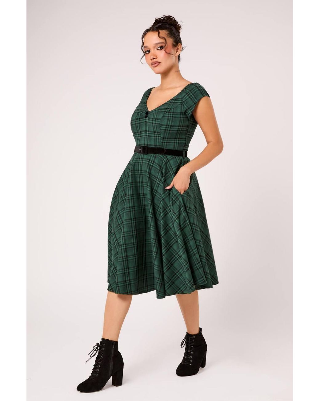 Hell Bunny Green Eden Tartan 50S Style Vintage Midi Dress With Belt