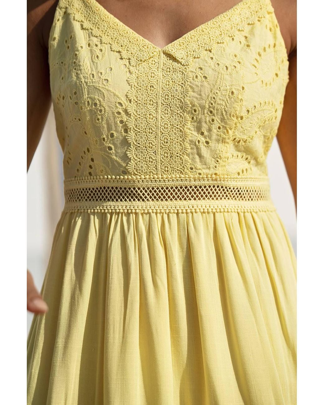 Yumi' Yellow Butter Cotton Lace Trim Midi Dress