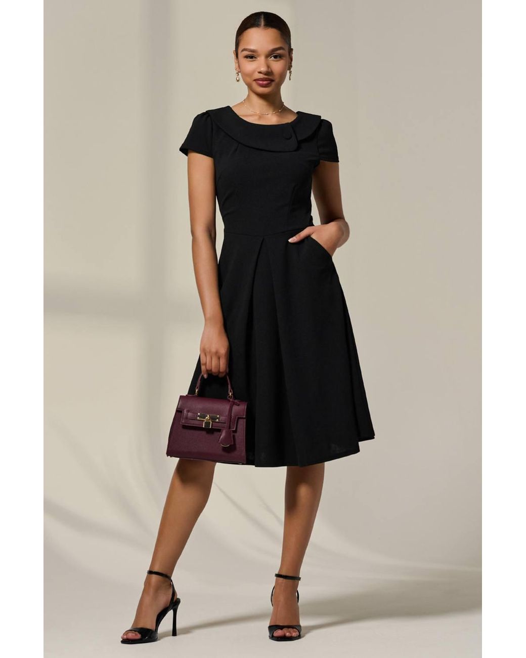 Jolie Moi Black Collared Cap Sleeve Midi Dress