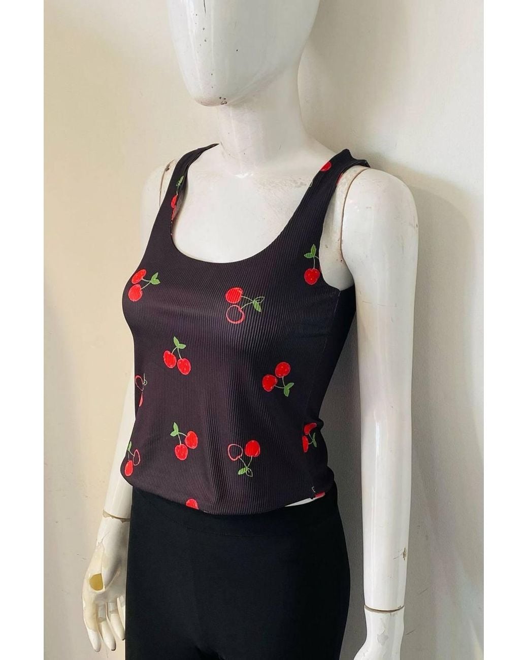 Stylewise Blue Cherry Print Ribbed Sleeveless Vest Top