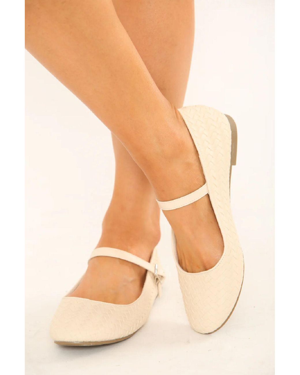 LARANGE White Pu Woven Slip On Flats Ballerina Shoes Strap Mary Jane