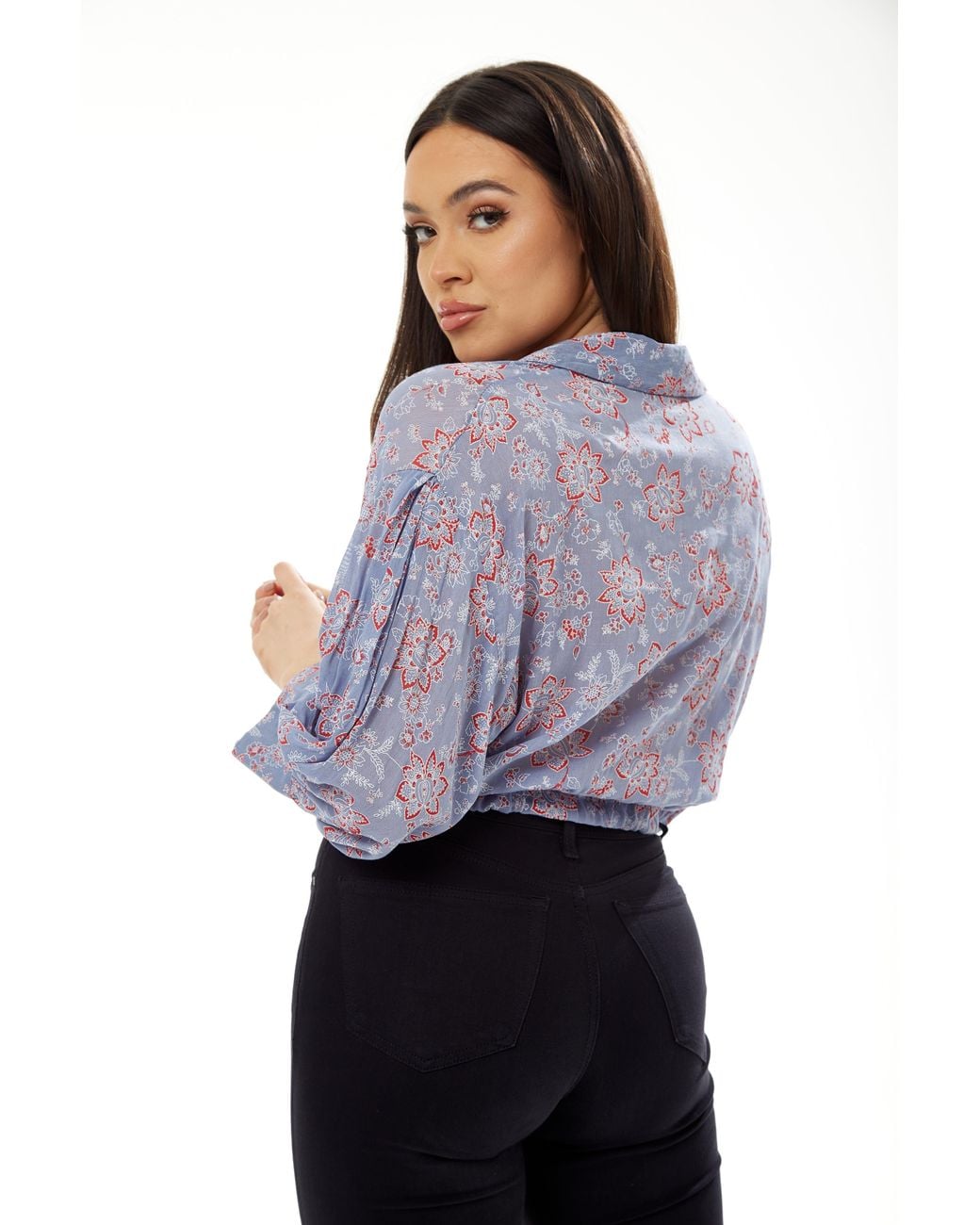 Liquorish Blue Floral Print Crop Shirt