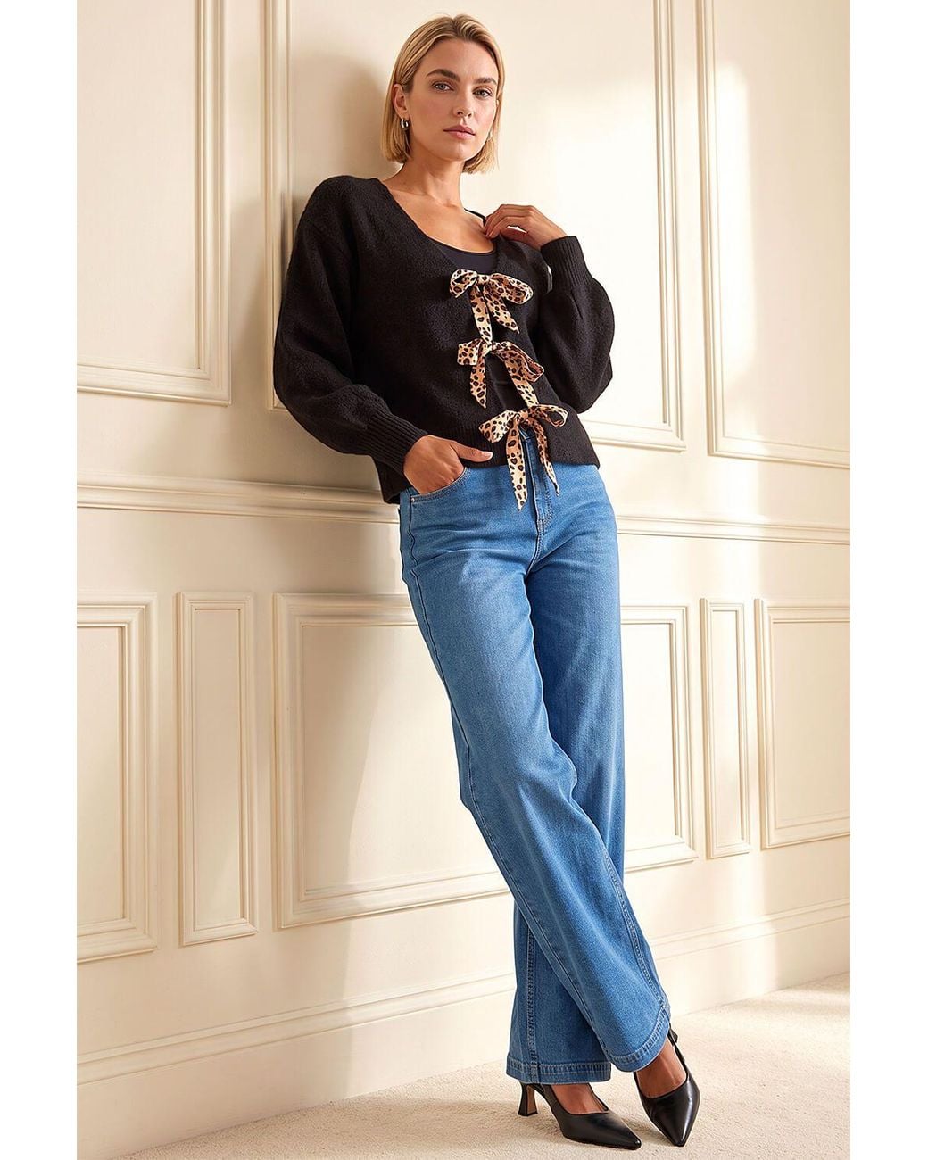 Roman Black Animal Tie Front Knit Cardigan