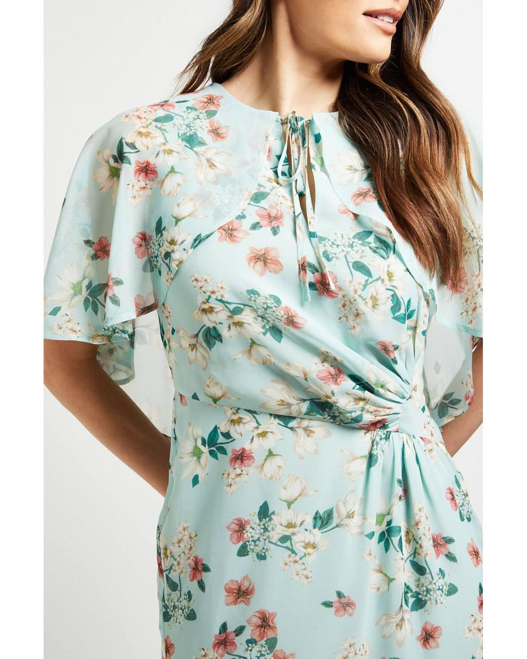 Wallis Green Cape Sleeve Ruched Midi Dress