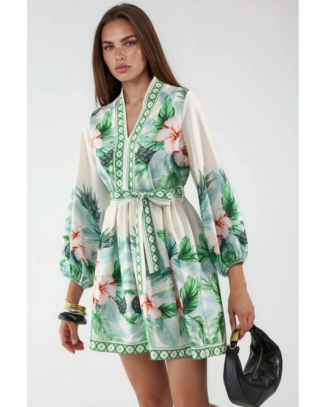Msn-Collection Green Floral A-Line Mini Dress