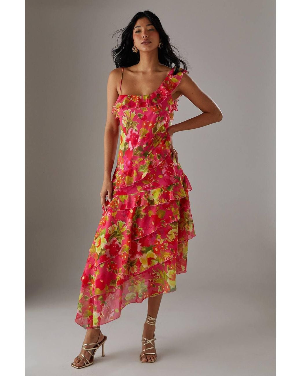Warehouse Red Chiffon Asymmetric Hem Ruffle Midi Slip Dress