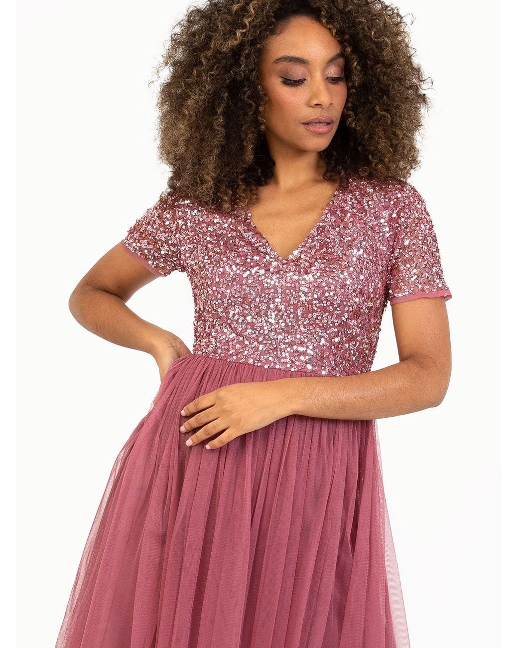 Maya Deluxe Pink Short Sleeve V Neck Embellished Midi Dress