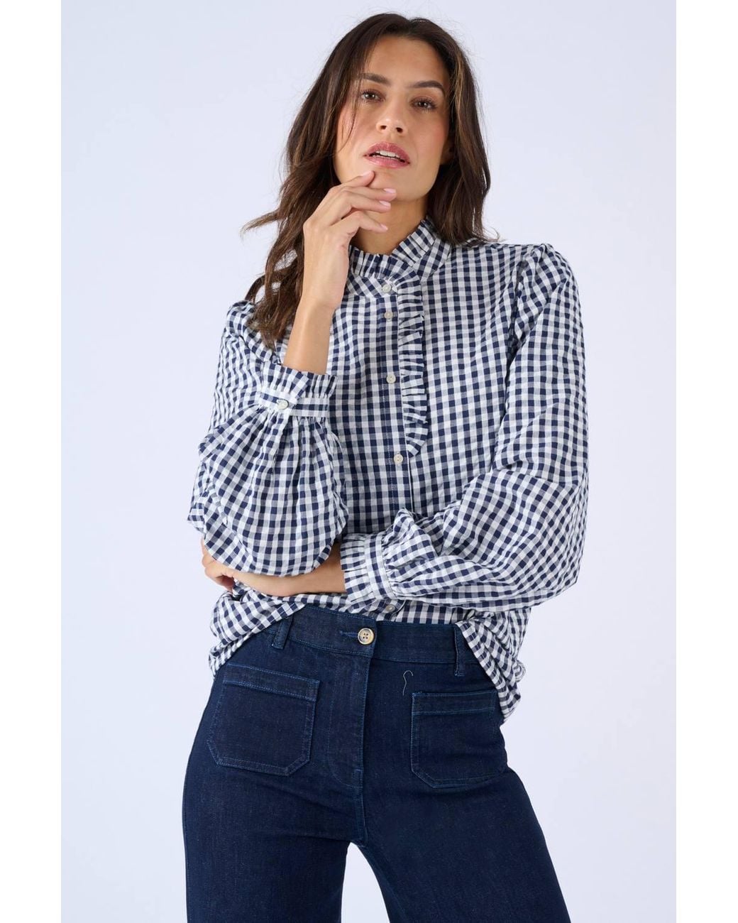 DAMART Blue Cotton Gingham Seersucker Cotton Blouse