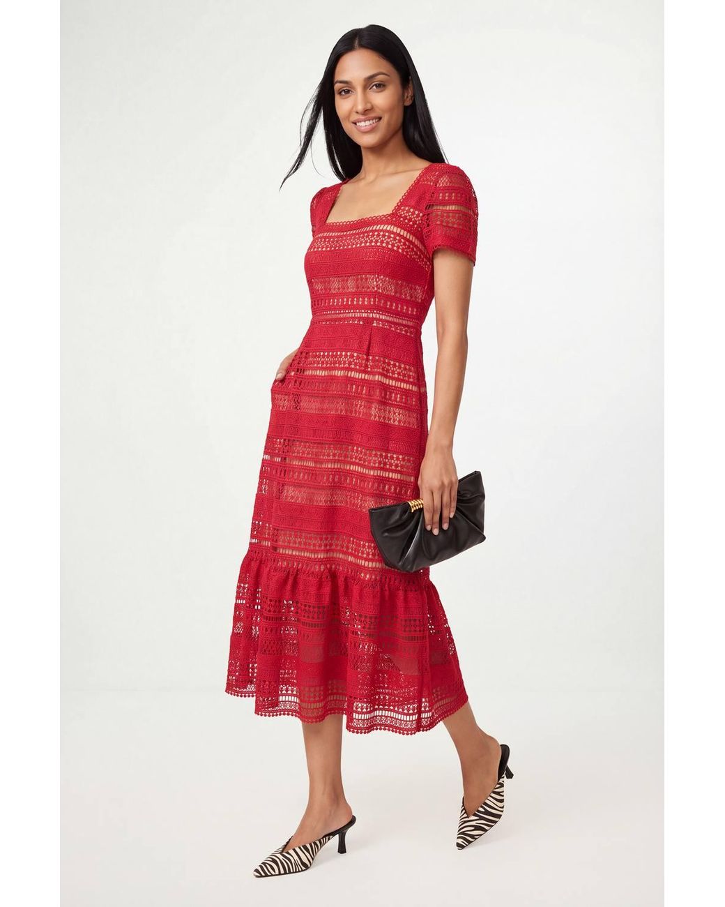 Wallis Red Petite Lace Fit & Flare Midi Dress