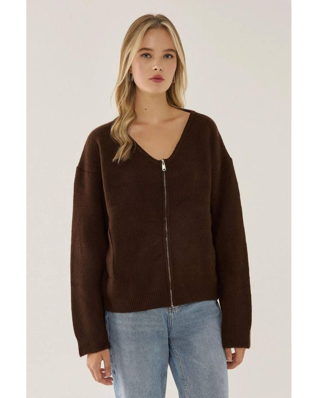 Hiccup Brown Zippered Knitwear Cardigan