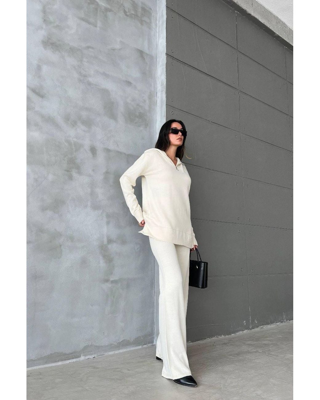 Hiccup Green Knitted Sweater With Zippered Neck & Mid Rise Wide Leg Trousers