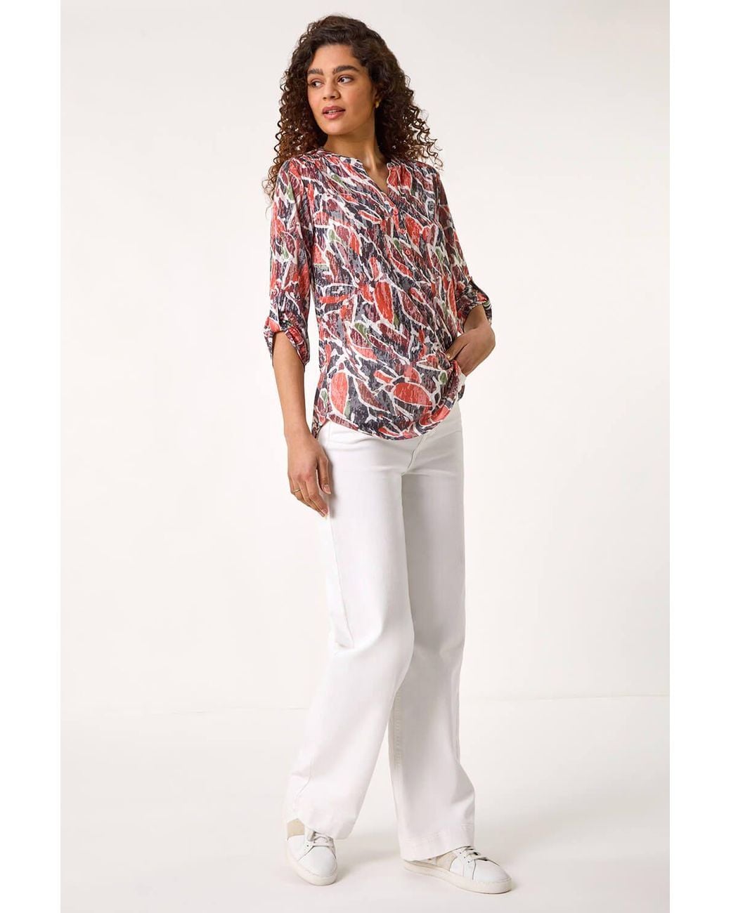 Roman Red Abstract Print Burnout V-Neck Shirt