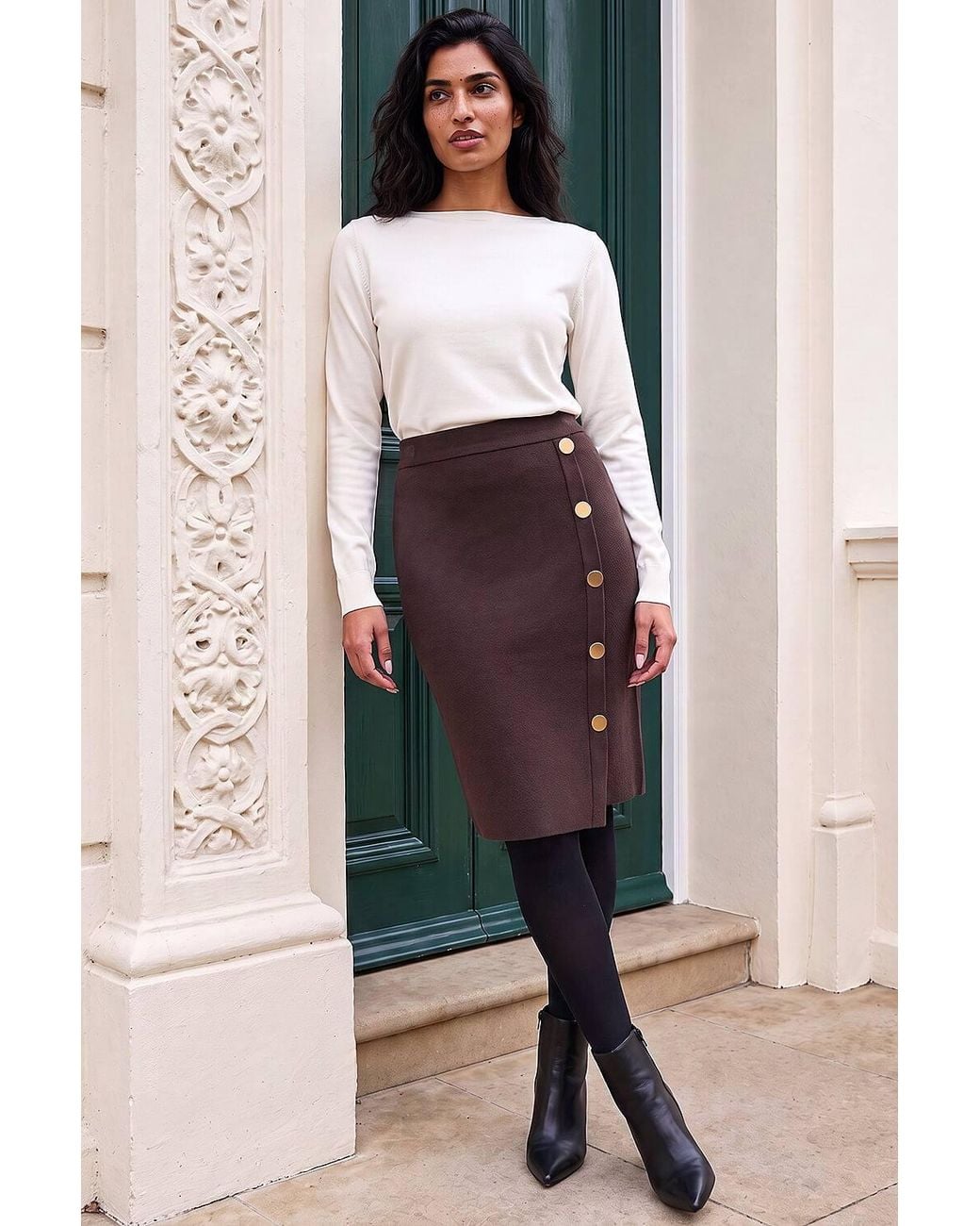 Roman Brown Button Front Wrap Skirt