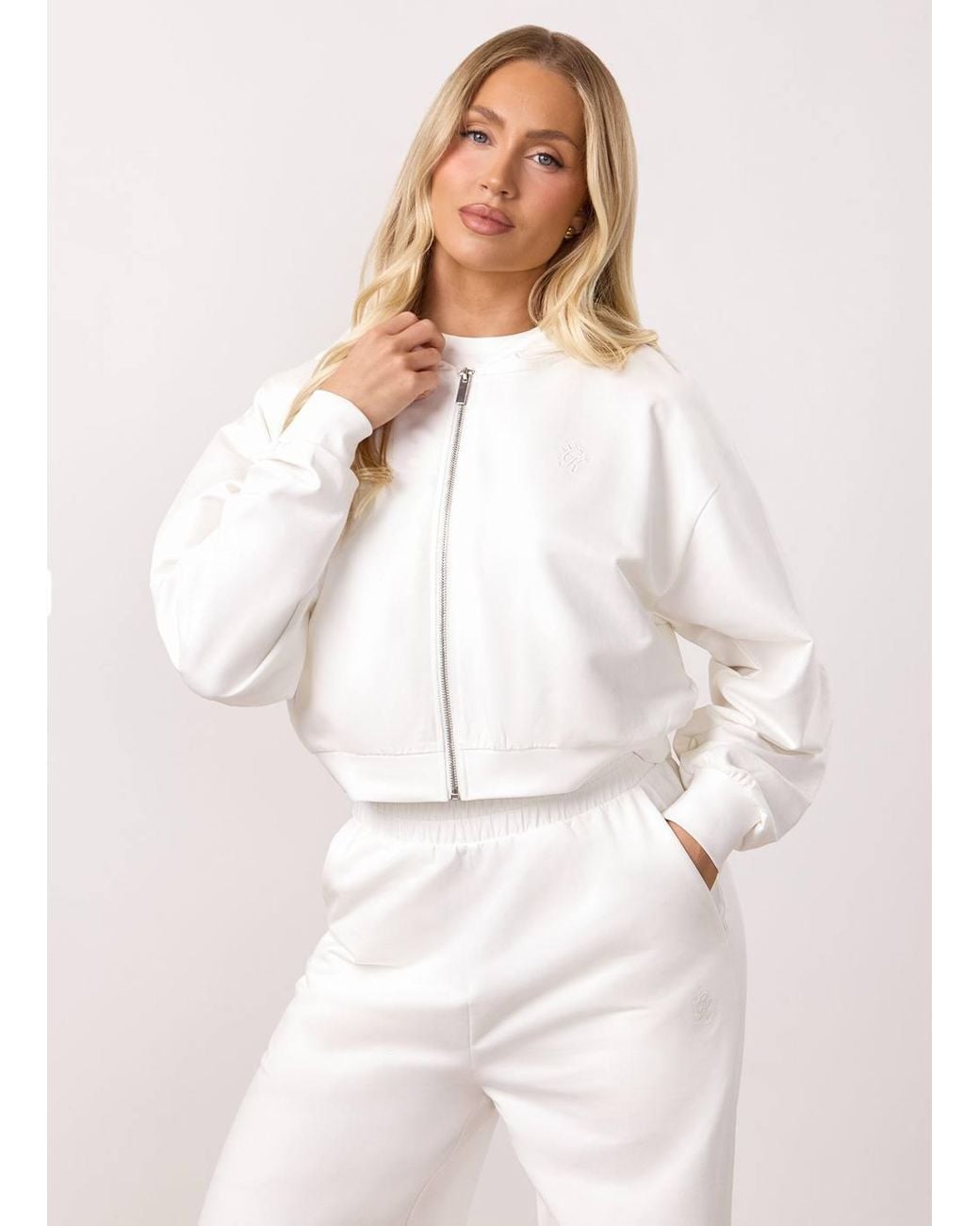 Gym King White Cropped Full Zip Hoodie Lightweight Loopback