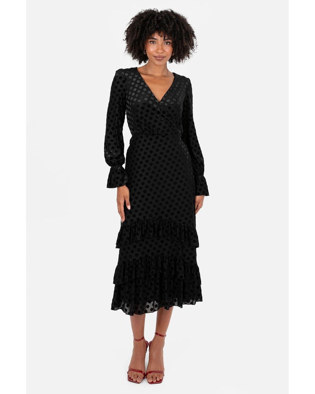 Lovedrobe Black Flocked Polka Dot Midaxi Dress