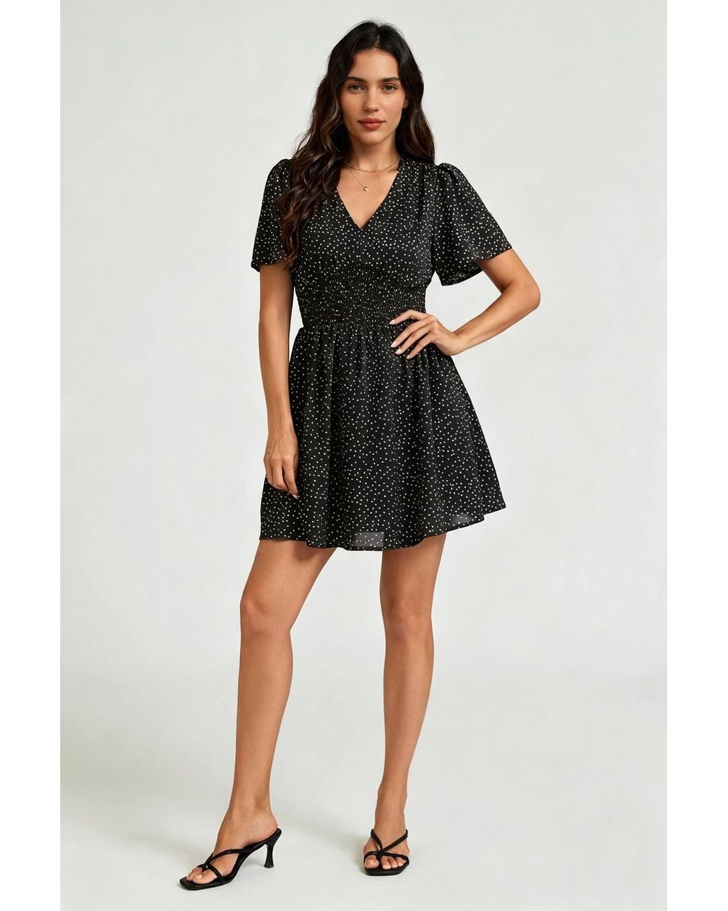 FS Collection Black Polka Dot V-Neck Mini Dress With Shirred Waist