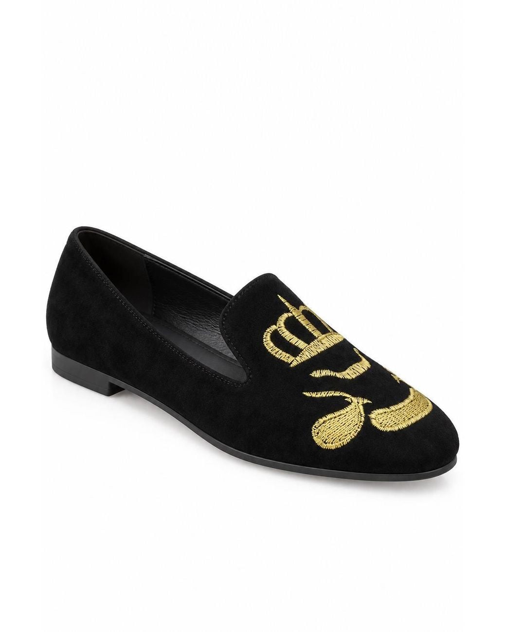 Spot on Black Embroidered Crown Slip On Flat Loafers