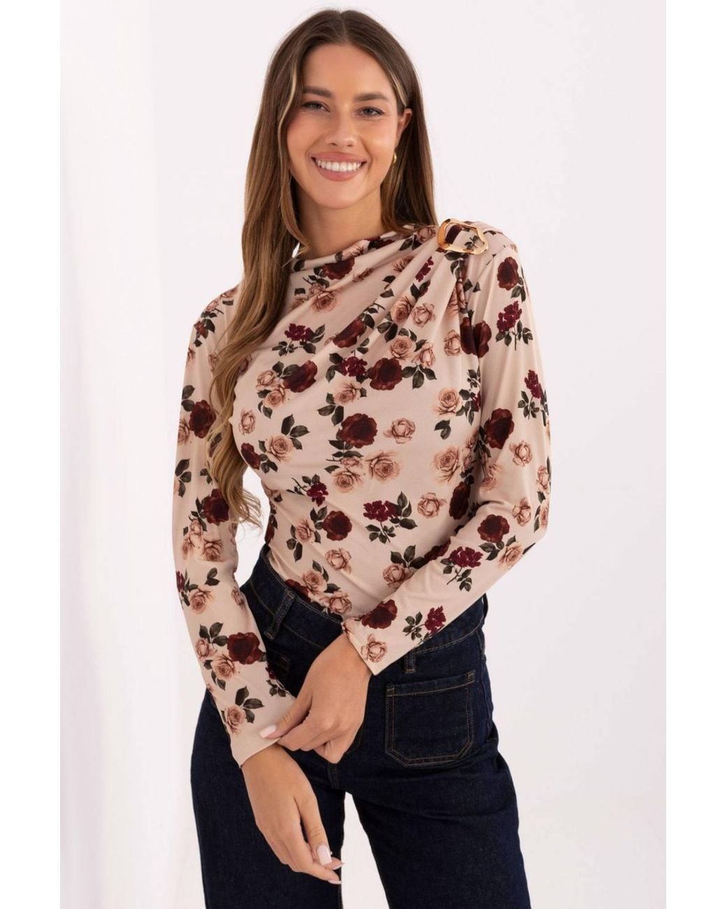 Love Lace Natural Elegant Floral Fitted Blouse With Metal Pleat
