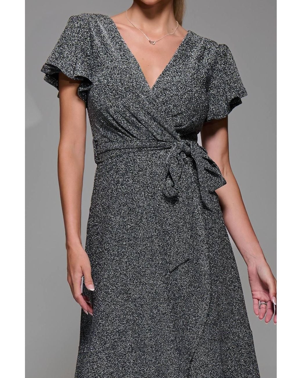 Jolie Moi Gray Metalic Angel Sleeve Wrap Maxi Dress