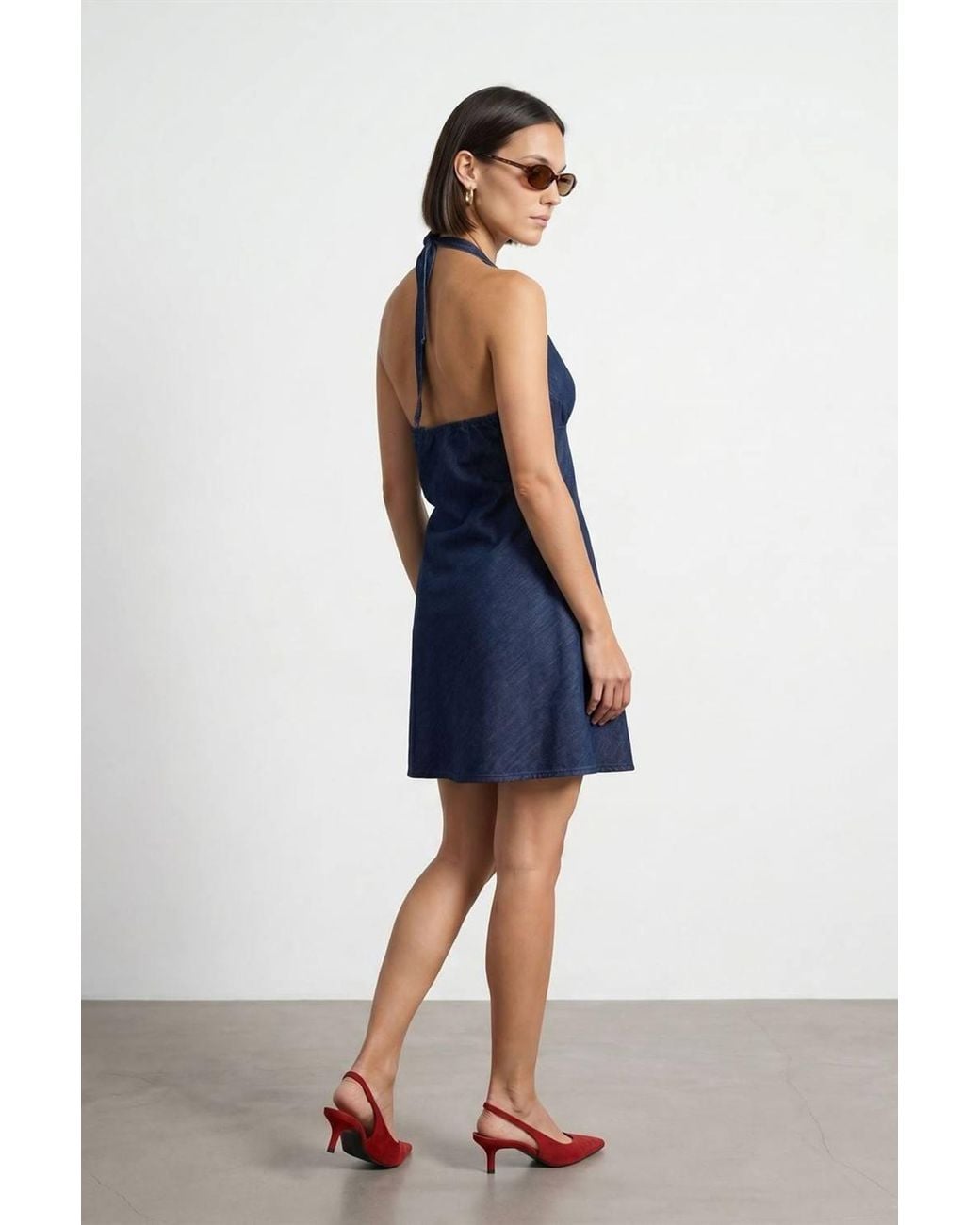 Dilvin Blue Cotton Denim Halter Mini Dress