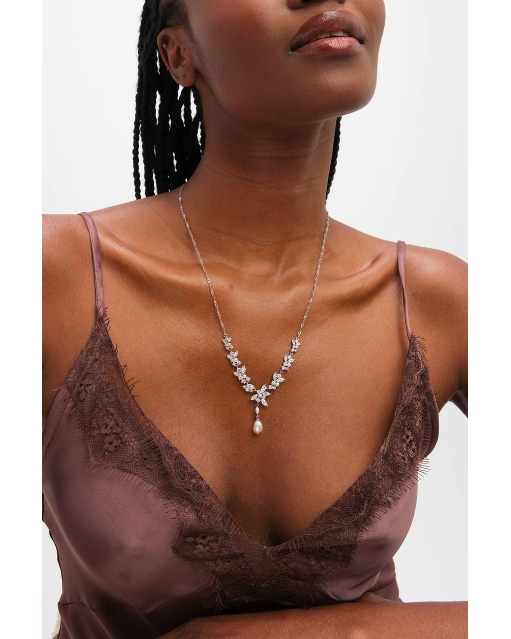 Jon Richard White Rhodium Plated Crystal & Freshweater Pearl Y-Drop Necklace