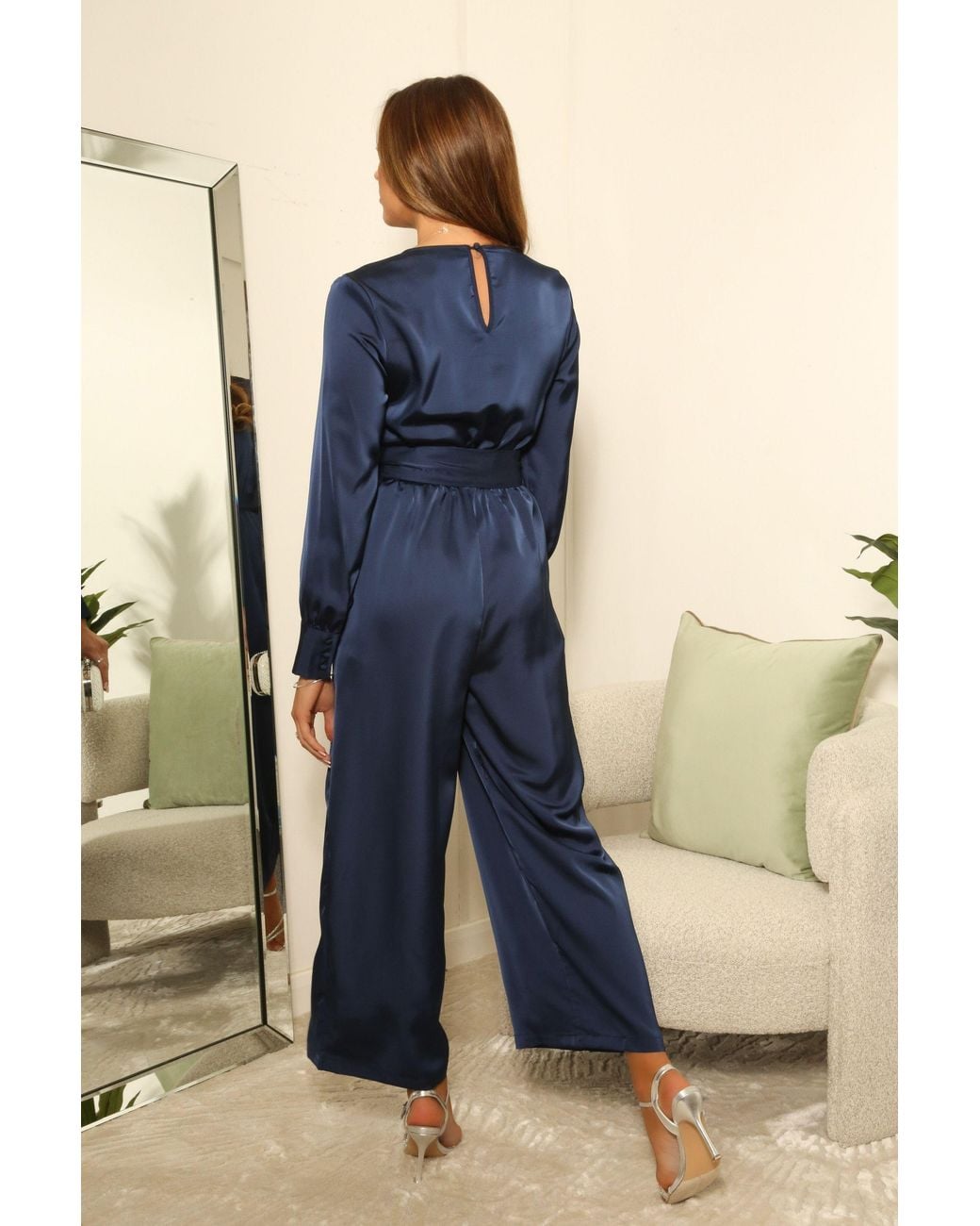 Double Second Blue Lux Satin Wrap Jumpsuit
