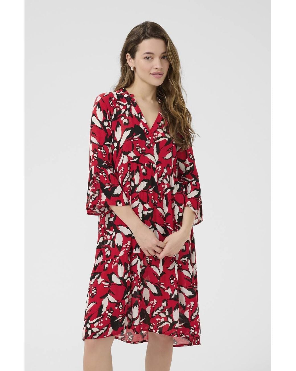 Kaffe Red Kahera V-Neck Knee-Length Printed Dress