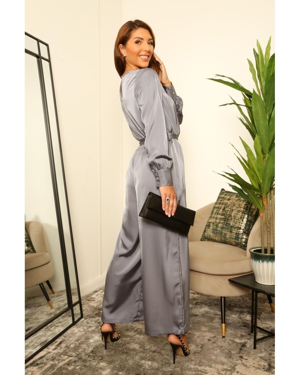Double Second Gray Lux Satin Wrap Jumpsuit