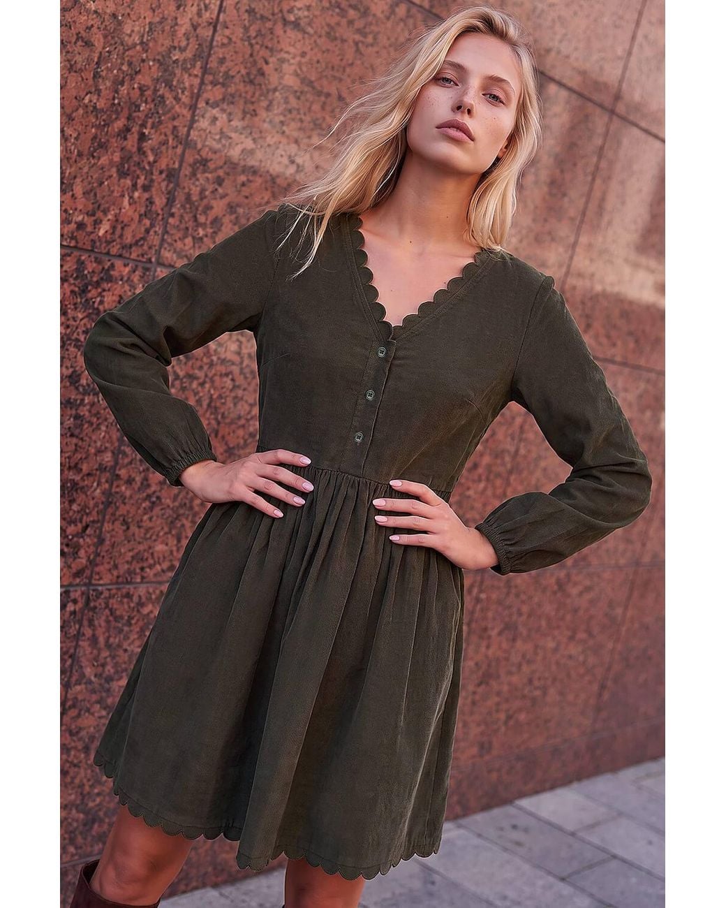 D.u.s.k Brown Scallop Edge Corduroy Dress