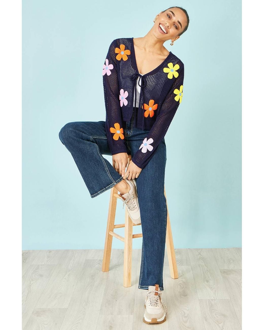 Yumi' Blue Tie Front Cardigan With Flower Design