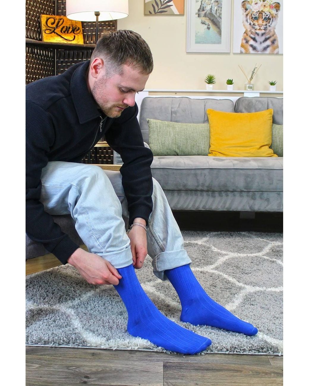 Sock Snob Blue 6 Pairs Plain Coloured Cotton Rich Ribbed Dress Socks for men