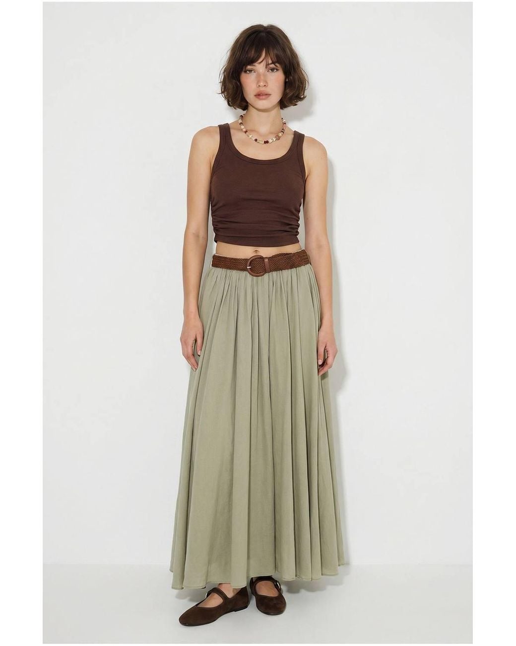 Bianco Lucci Green High-Waist Pleated Maxi Skirt