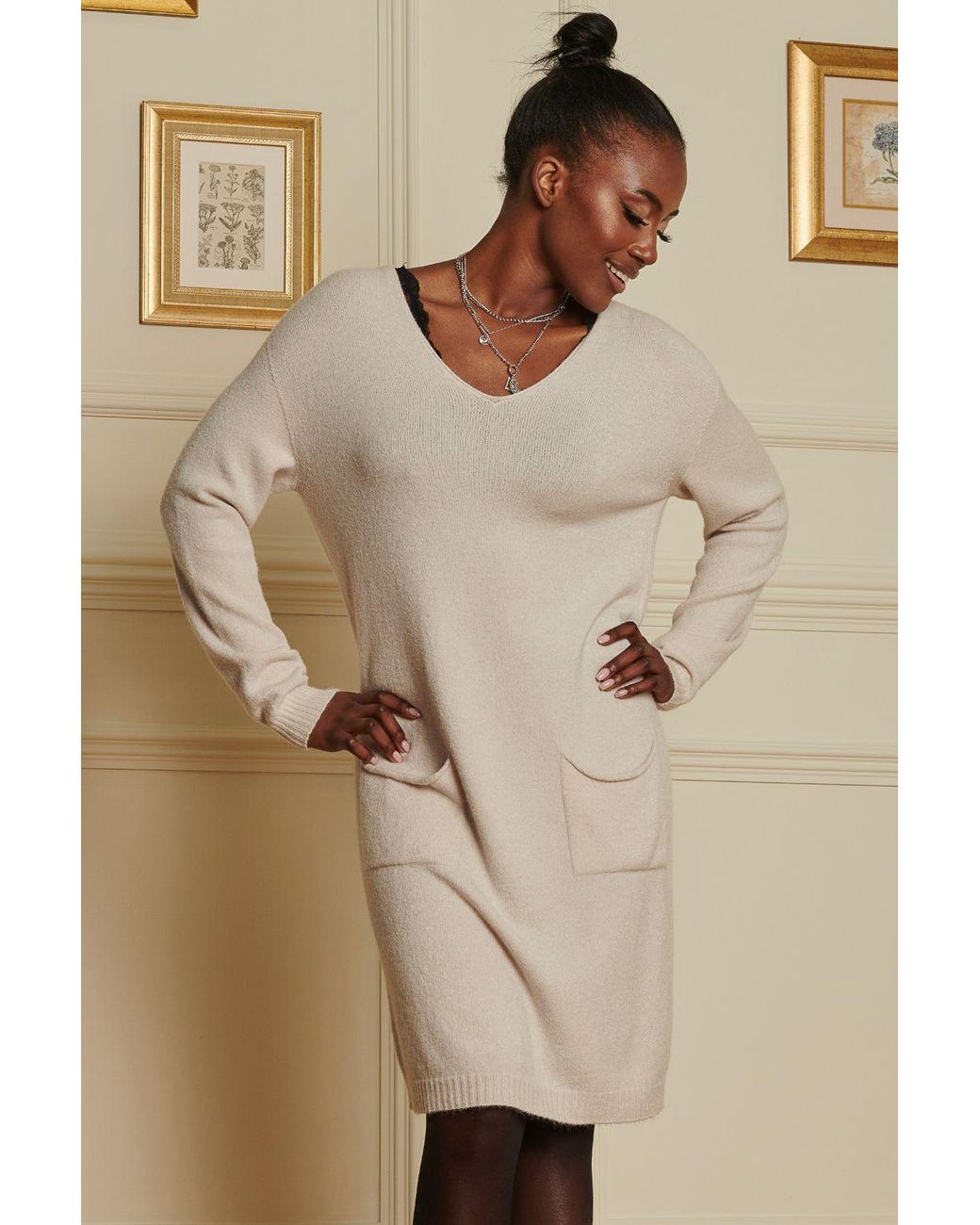 Jolie Moi Natural V Neck Knitted Jumper Dress
