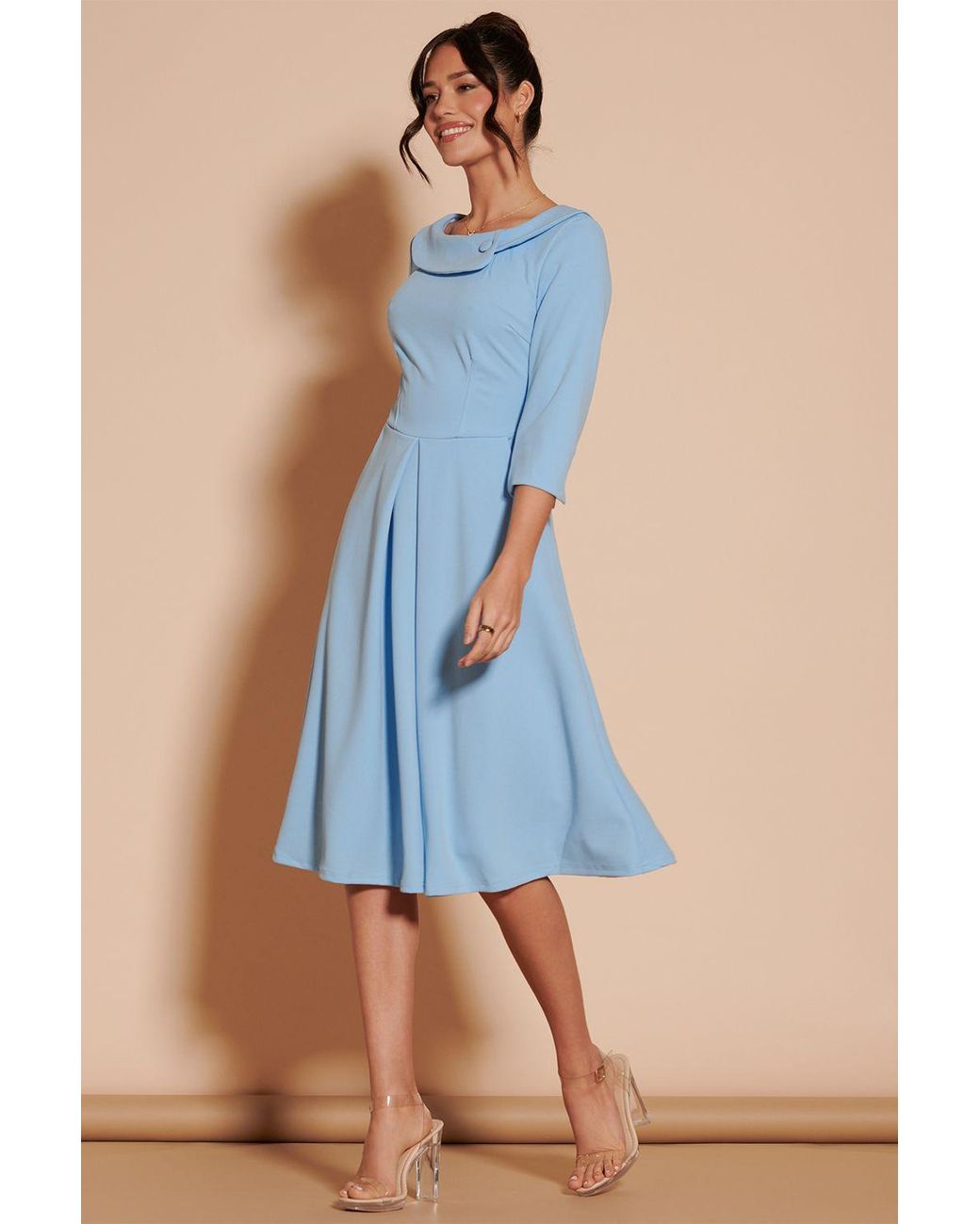 Jolie Moi Blue Fold Neckline Sleeved Midi Dress
