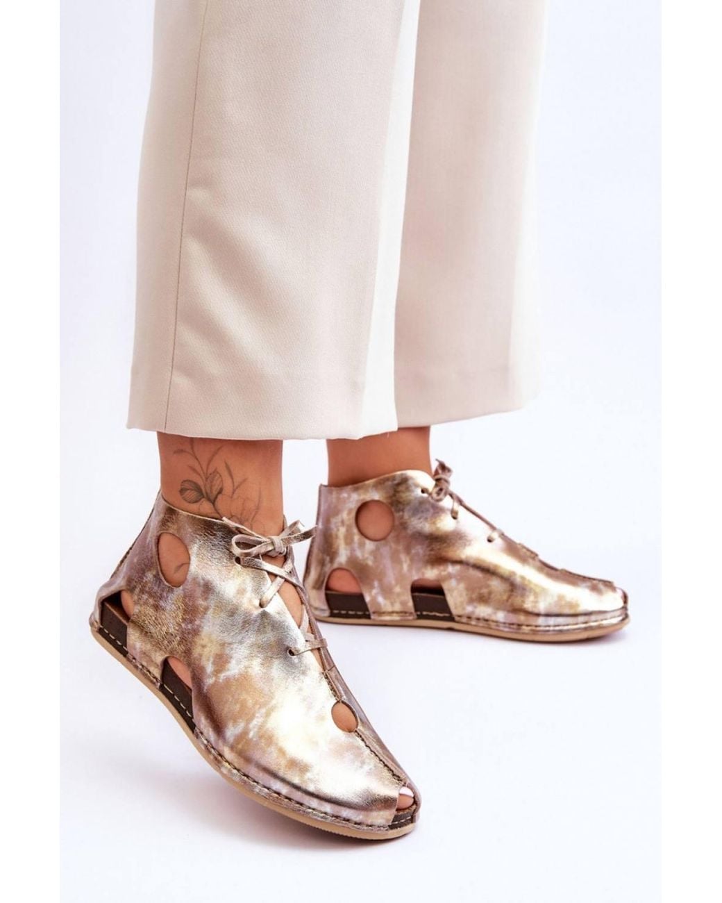 Love Lace Metallic Everyday Leather Lace Up Boots With Cut-Outs