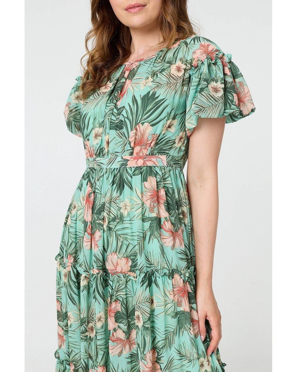 Izabel London Green Tropical Print Frill Tiered Midi Dress