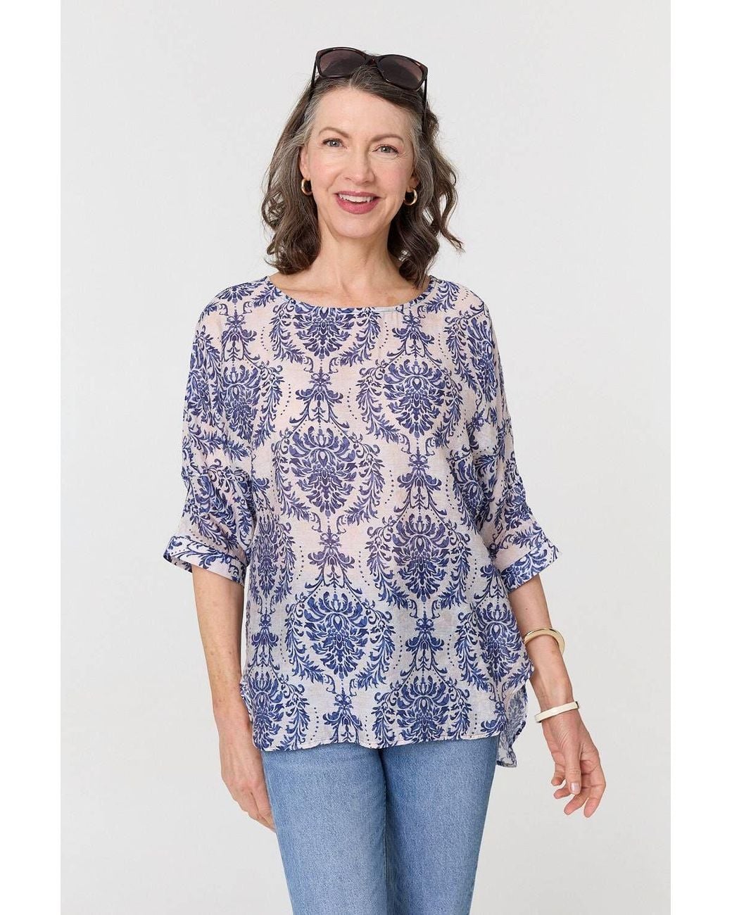 Izabel London Blue Baroque Print 3/4 Sleeve Relaxed Blouse