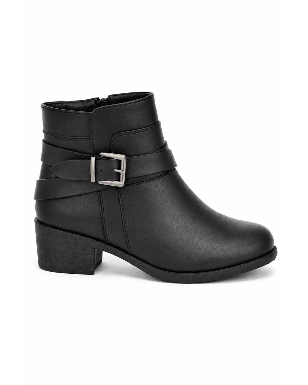 Spot on Black Buckle Detail Ankle Boot With Stacked Heel