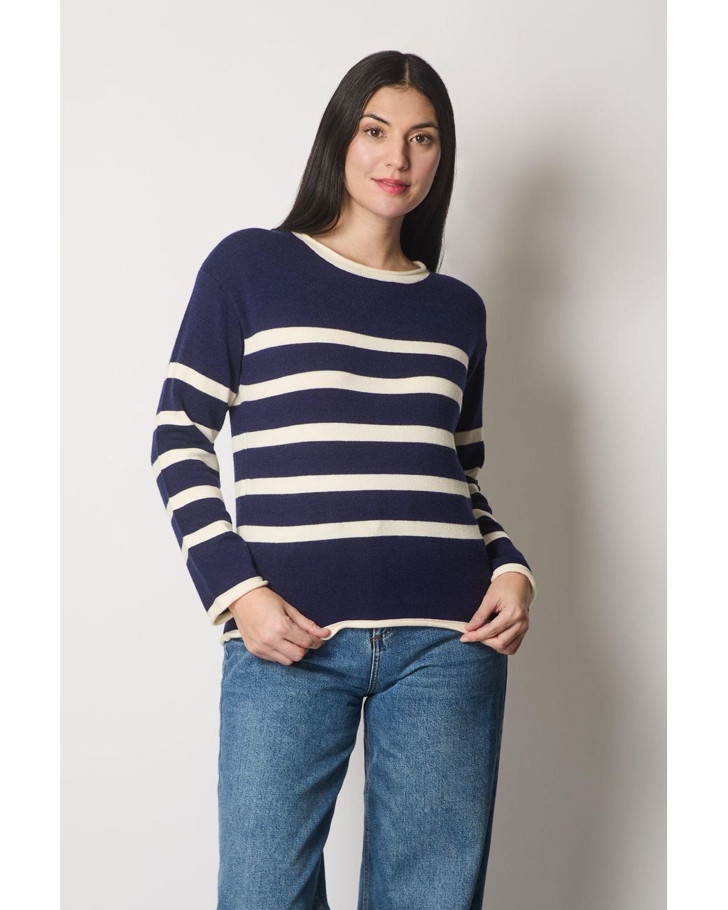 Solo Blue Round Neck Striped Jumper