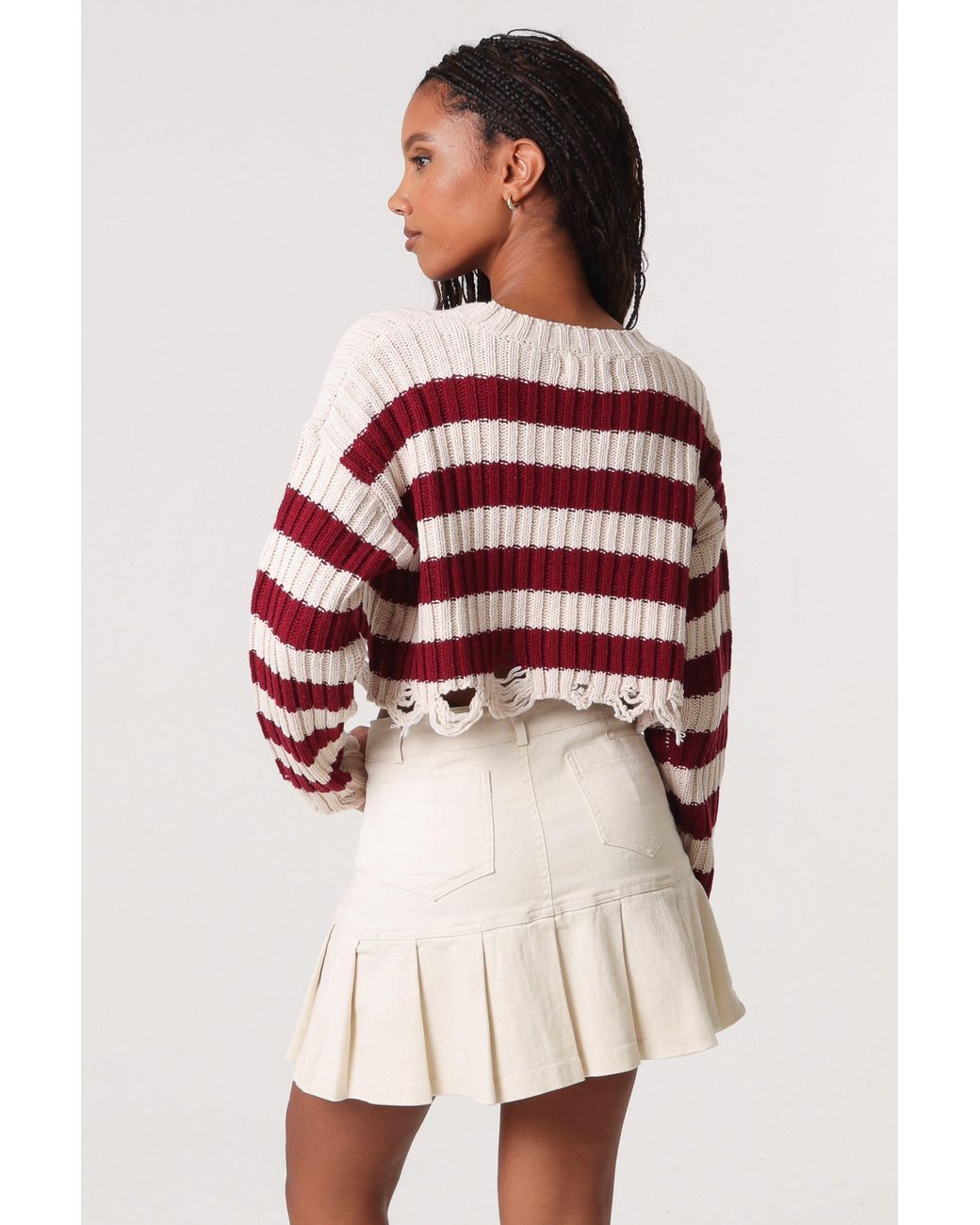 Pink Vanilla Red Distressed Striped Crop Knit Jumper