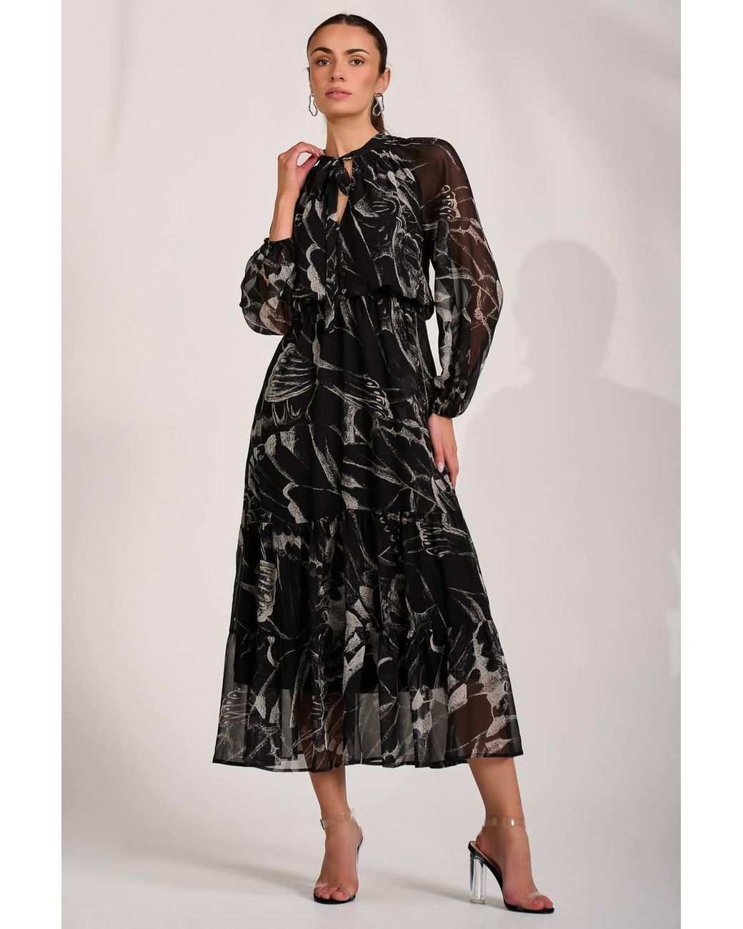 Jolie Moi Black Chiffon Long Sleeve Tiered Maxi Dress