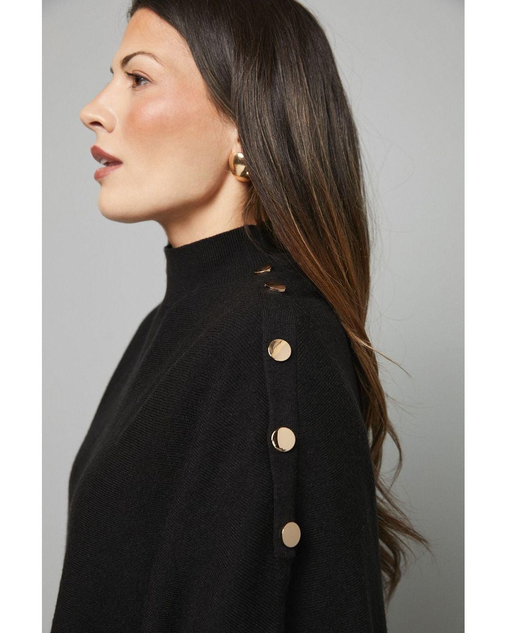 Wallis Black Button Detail High Neck Knitted Poncho Jumper