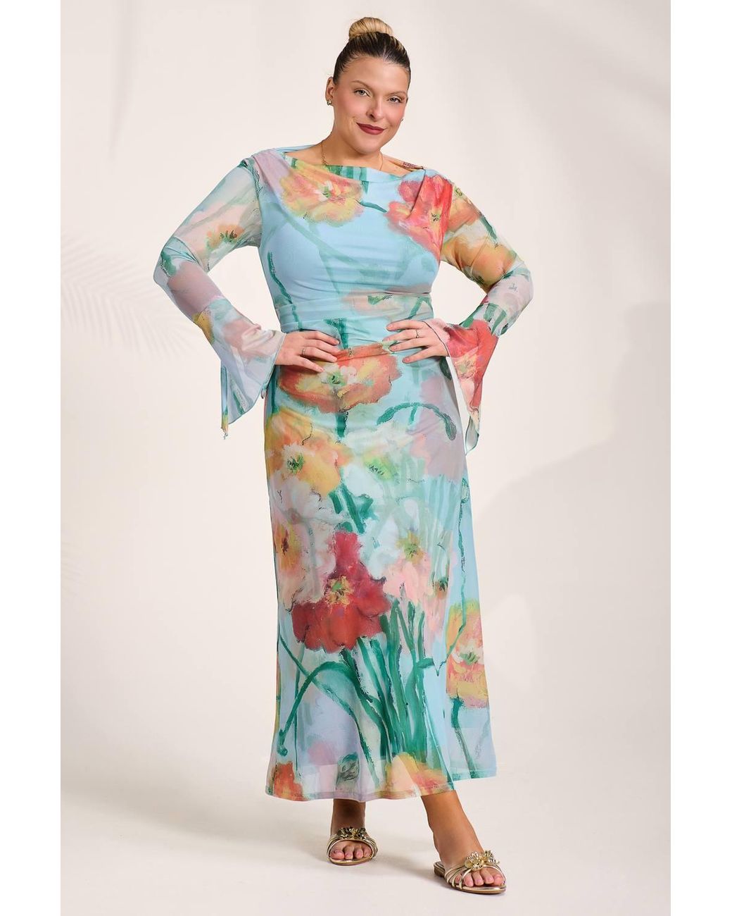 Jolie Moi Blue Long Sleeve Slash Neck Mesh Maxi Dress