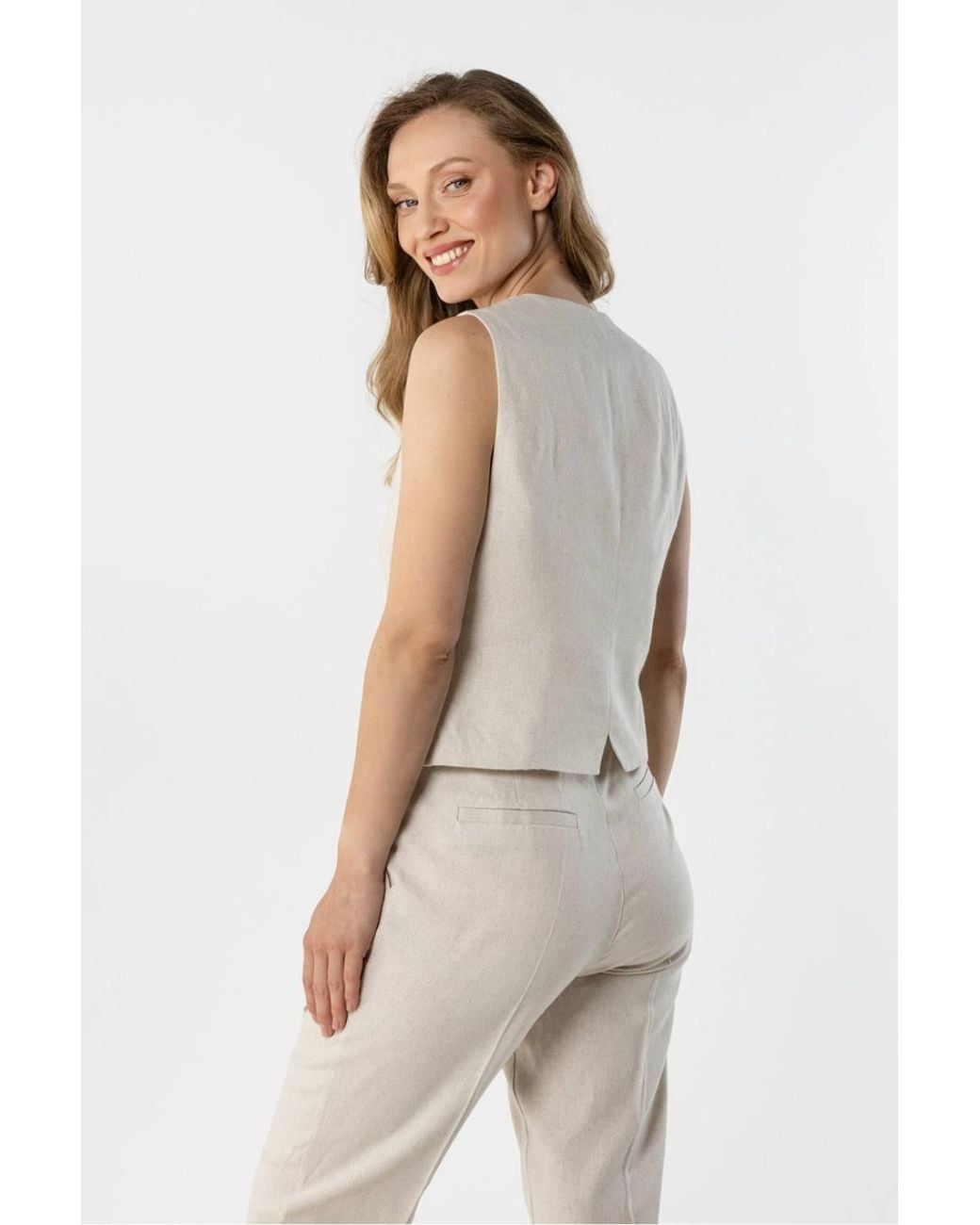 Love Lace White Tailored Linen V Neck Vest With Button