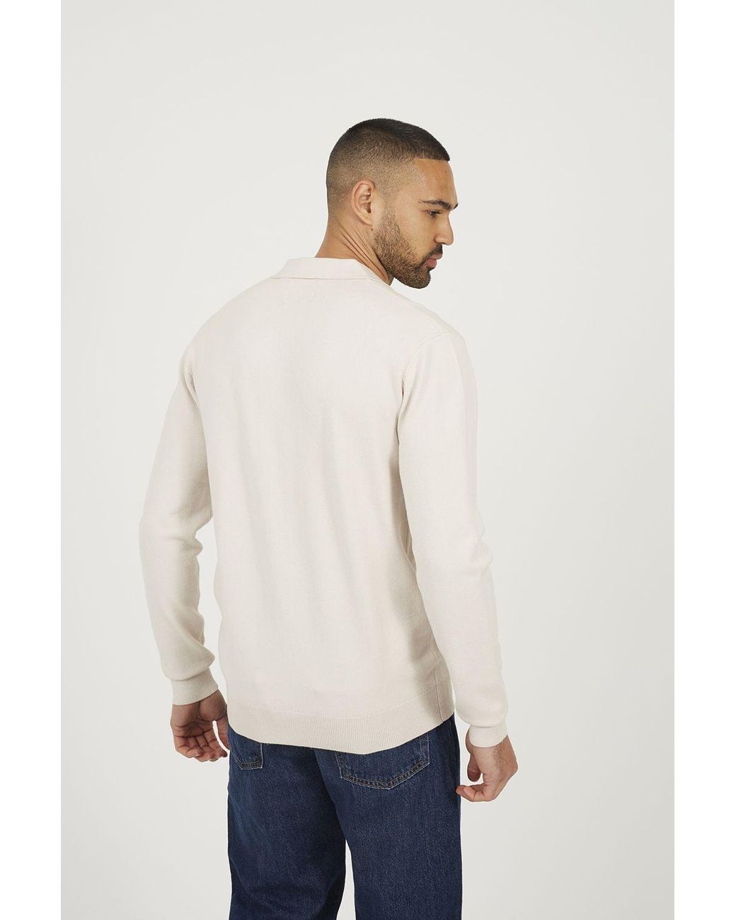 Brave Soul Natural Long Sleeve Knitted Trophy Neck Polo for men