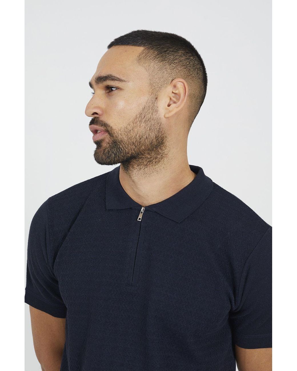 Brave Soul Blue Textured Zip Neck Knitted Polo for men